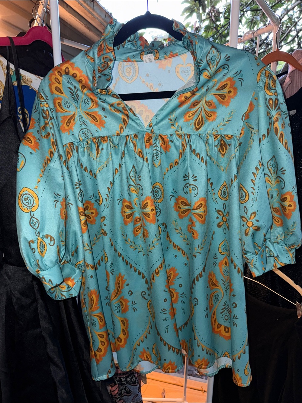 NWOT Temu XL Turquoise Paisley Puff-Sleeve Blouse with stand up collar